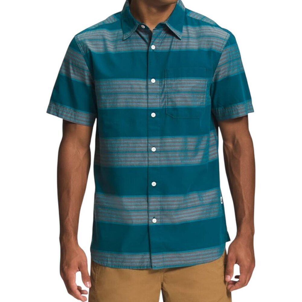 THE NORTH FACE Teal Blue Striped Baytrail Yarn-Dye Short Sleeve Shirt m